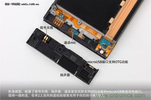 信號天線(xiàn)、揚聲器、麥克風(fēng)以及支持OTG功能的Micro USB接口均位于底部