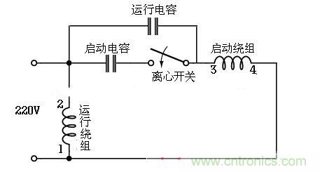 電容啟動(dòng)運轉型接線(xiàn)電路(雙值電容器)