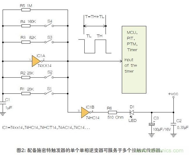 如何用單個(gè)施密特觸發(fā)器測量?jì)蓚€(gè)電阻式傳感器或多個(gè)開(kāi)關(guān)？