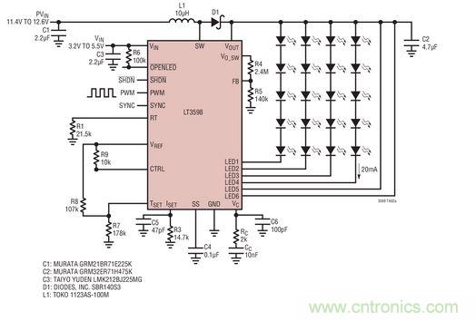 汽車(chē)電池供電的驅動(dòng)器用于20個(gè) LED