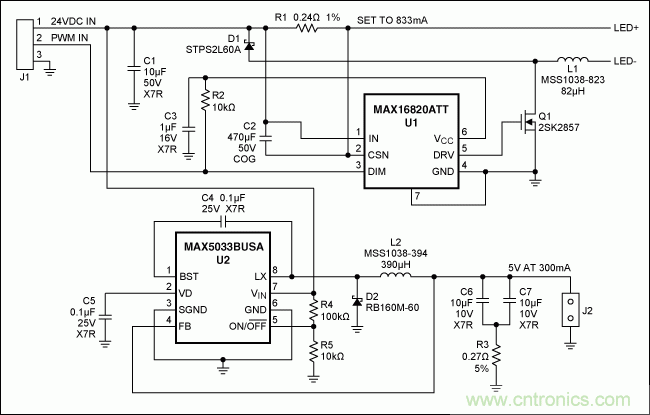 MR-16 LED驅動(dòng)器和用于脈沖LED冷卻器供電的5V輔助電源