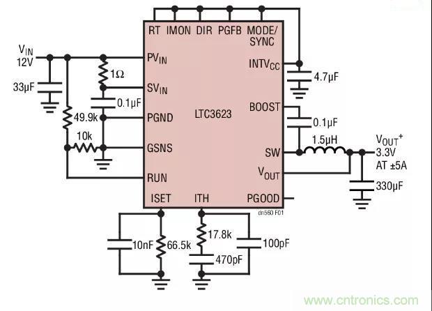 高效率、15V 軌至軌輸出同步降壓型穩壓器能提供或吸收 5A